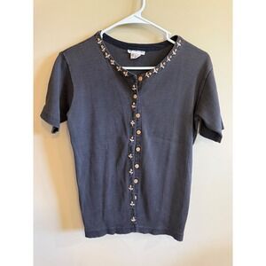 Tee N Tee Women's Grey Ribbed Button Up Short Sleeve Embellished Top Size S